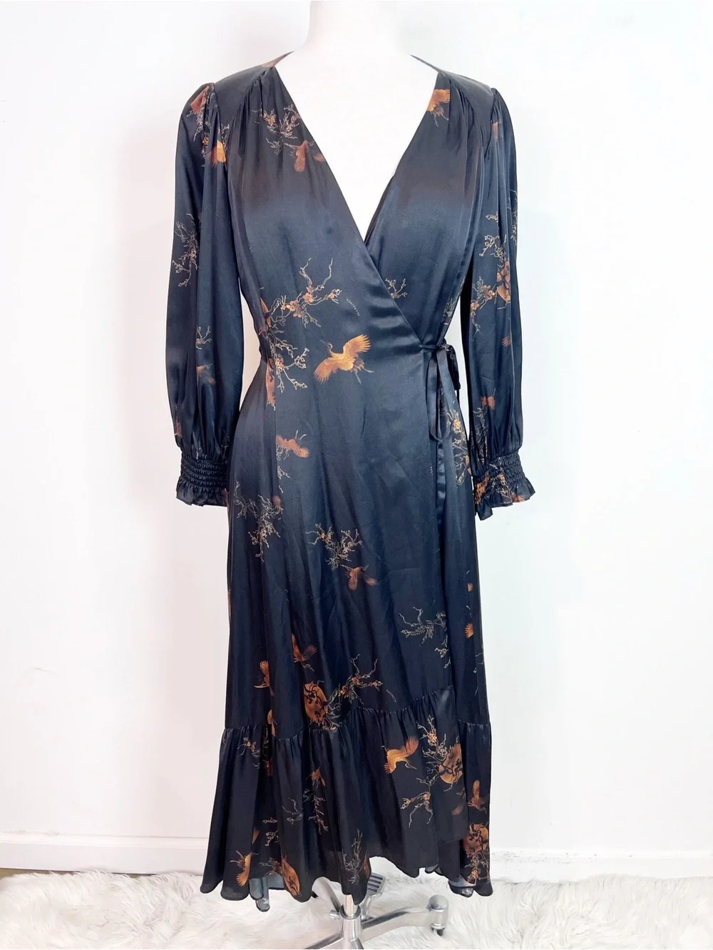 ALL SAINTS ADELAIDE AURORA BLACK WRAP MIDI DRESS BROWN BIRD BRANCHES PRINT SZ 4 - Picture 3 of 9